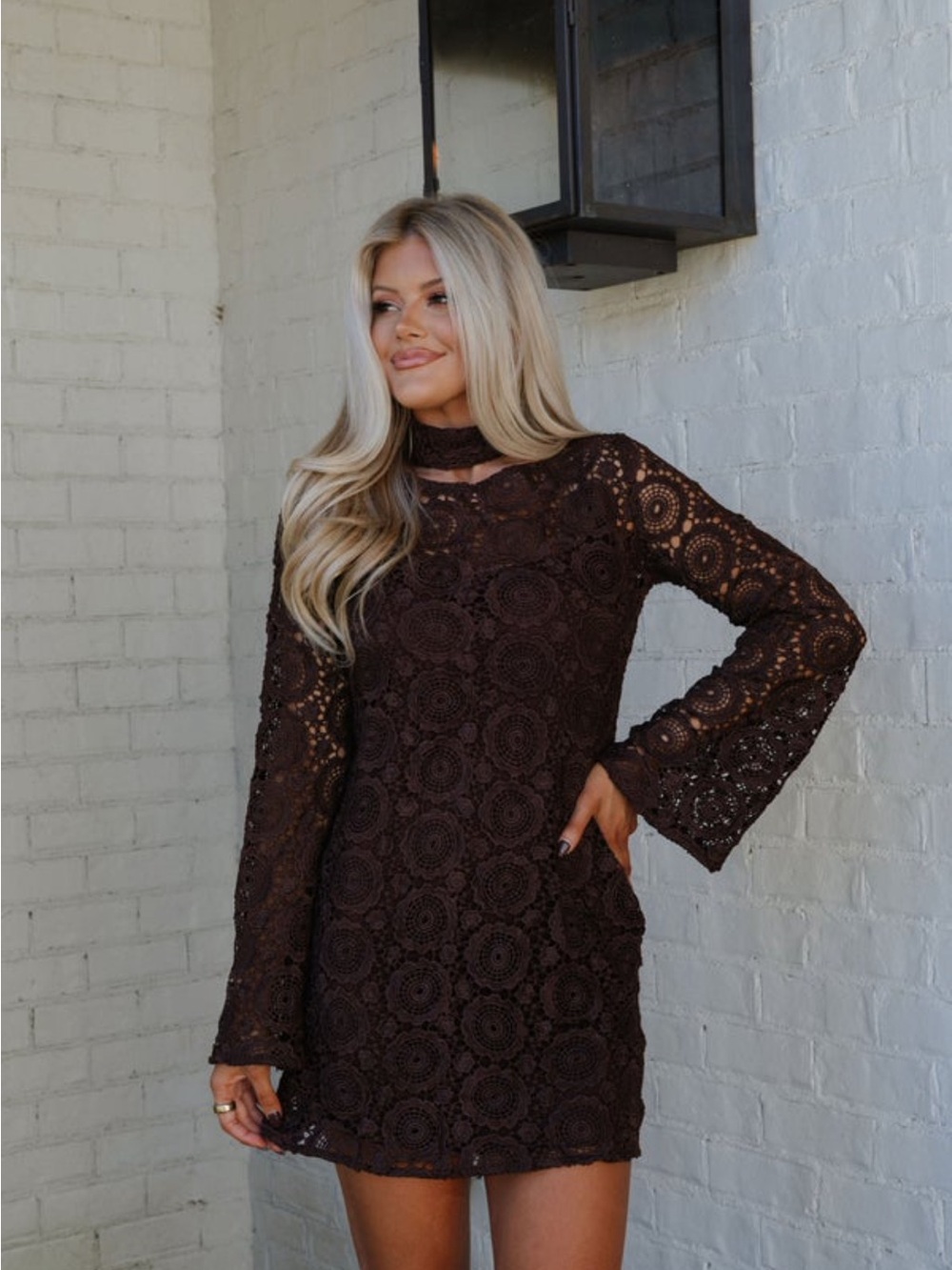 Crochet mini dress with bell sleeves in brown